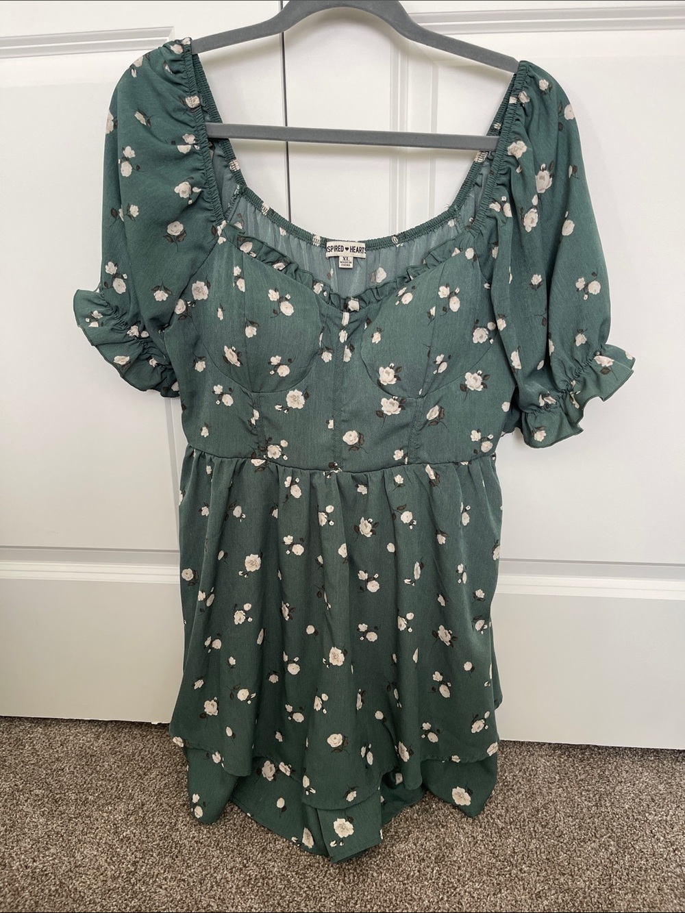 Inspired Hearts Green Floral Square-Neck Romper